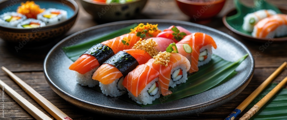 Poster sushi platter displayed on plate with empty space for text enhancement and presentation