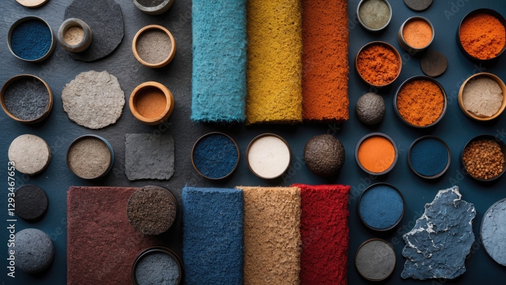 Aufkleber colorful textures and natural materials displayed in circular and rectangular shapes on dark backgro