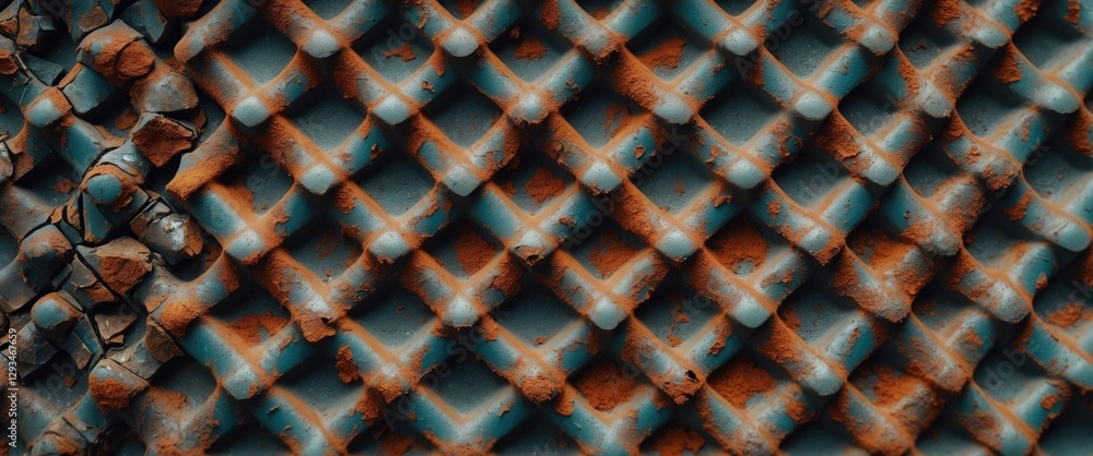 Poster worn rusted metal texture featuring a distinctive diamond pattern with earthy tones and surface impe