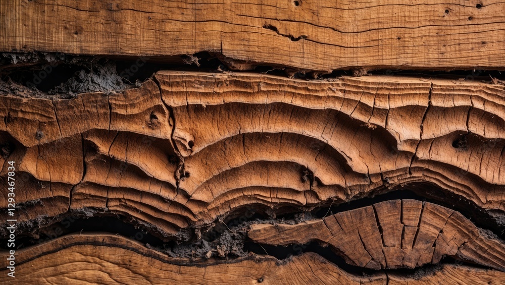 Poster close-up of intricate termite damage patterns in aged wooden planks showcasing natural textures and 