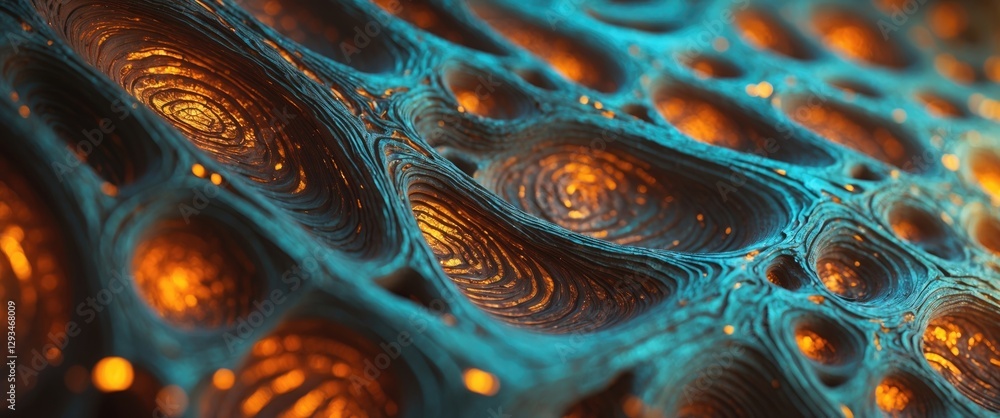 Poster abstract close-up of intricate wood texture featuring luminous orange and turquoise patterns creatin