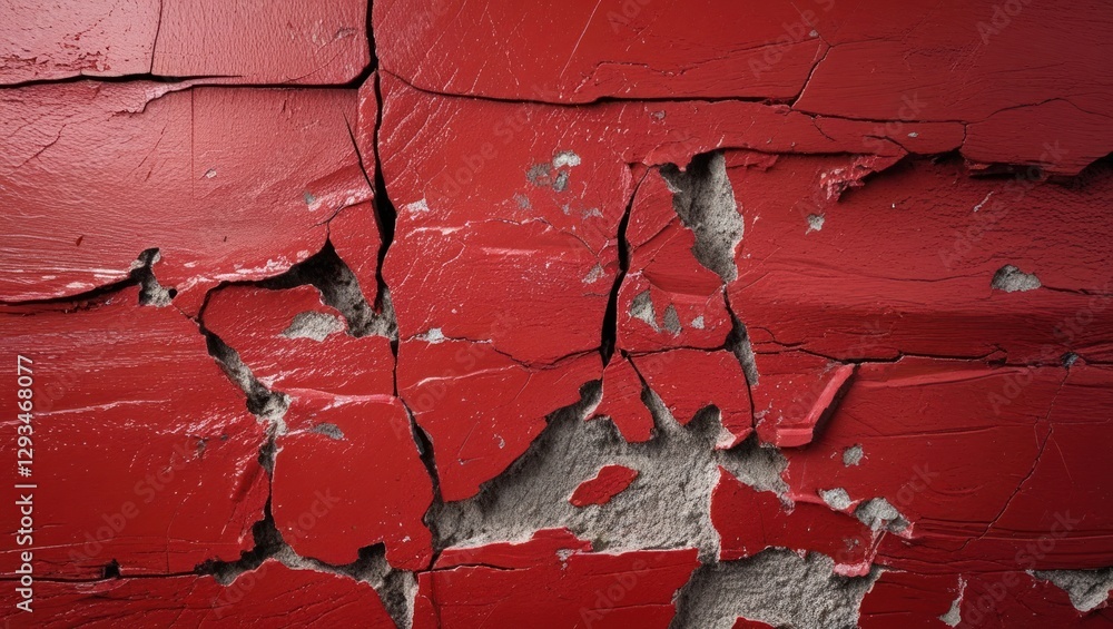 Aufkleber close-up of a distressed red wall with scratched and peeling paint texture showcasing layers and cra