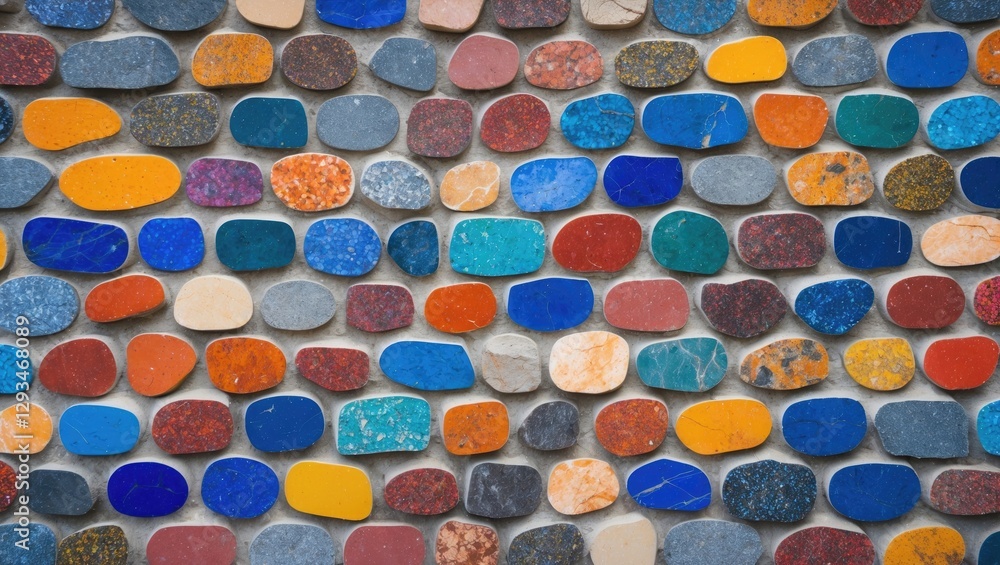 Poster mosaic wall of vibrant multi-colored stones creating an artistic and textured background for design 