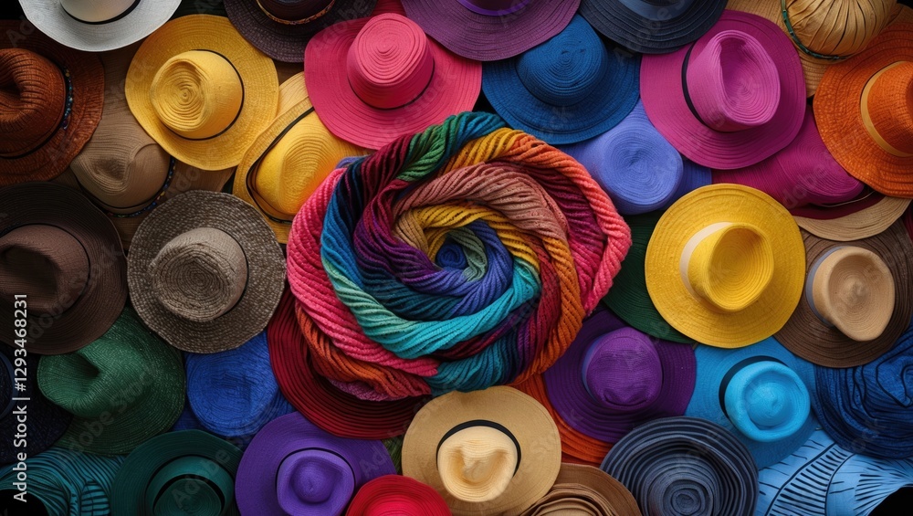 Poster colorful assortment of hats and textiles showcasing vibrant patterns and textures in a creative arra