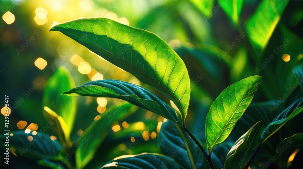 Poster lush green leaves illuminated by warm sunlight creating a vibrant natural background with a bokeh ef