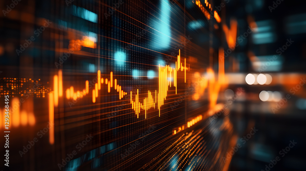 Poster dynamic stock analytics visualization in a digital environment bright glowing data charts modern bus