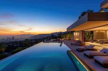 Fototapeta premium Modern Luxury Villa with Infinity Pool and Stunning City Sunset Views