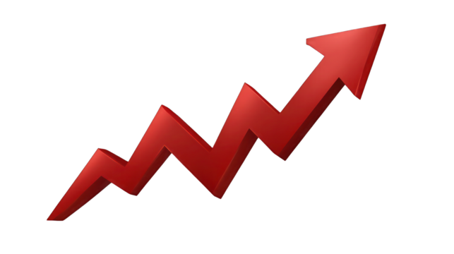 A bold red upward arrow graph symbolizing growth, success, or increasing trends. Suitable for business, finance, or economic visuals. 