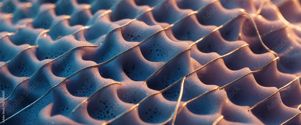 Poster close-up of textured porous gray sponge interwoven with metallic threads creating an intricate and v