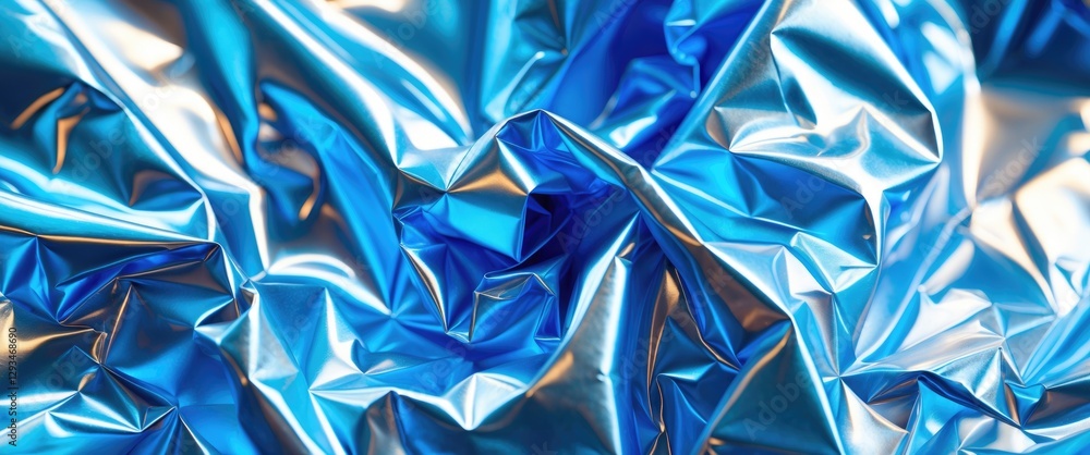 Poster close-up view of shiny crumpled blue metallic paper texture with rich details and reflections ideal 