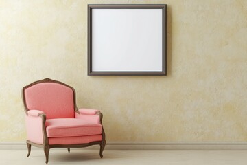 3D-rendered living space with a square frame on a beige wall and a pink armchair.