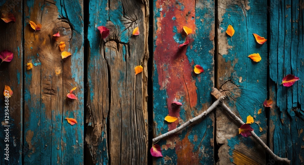 Poster colorful autumn leaves scattered on textured weathered wood planks creating a rustic and artistic ba
