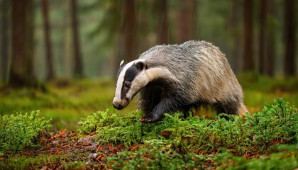 Naklejka premium Enchanting Rainy Day in a German Forest Badger Basks in a Cozy Den Amidst Lush Greenery and Drizzle, Capturing the Essence of European Wildlife Habitat