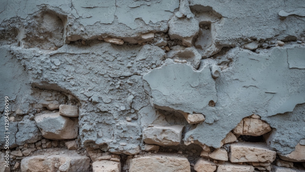 Poster texture of weathered rustic wall featuring cracked gray stucco and exposed stone elements creating a