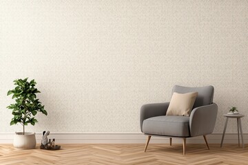 Living room wall mockup, gray chair on wood, warm interior tones.