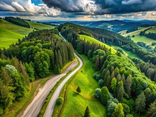 Obraz premium Winding Asphalt Path Beside Steep Hill, Lush Summer Landscape, Poland Drone View
