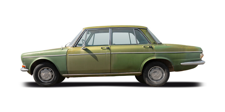 Simca 1000 abandoned & rusty classic  French car, side view isolated on white background