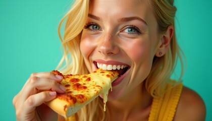 Four cheese pizza and a beautiful girl eating it, close-up