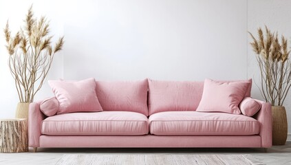 Pink sofa living room with dried plants, designed for 3D wall mockups.
