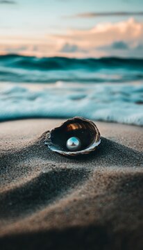 A pearl in a seashell half buried in sand, showcasing textures against blurred ocean waves