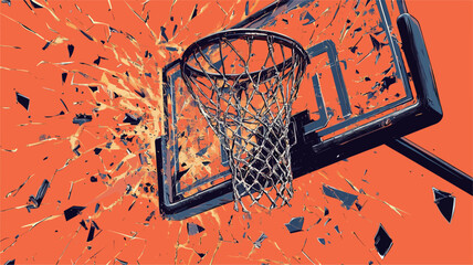 A digital illustration depicting a basketball hoop with the backboard and surrounding area shattered into numerous fragments.  The fragments are depicted in shades of orange and dark blue,