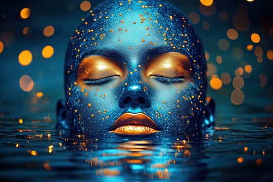 Futuristic Woman with Metallic Blue and Gold Face Emerging from Water. Surreal portrait of woman with metallic blue and gold-painted skin, floating in water with glowing bokeh lights