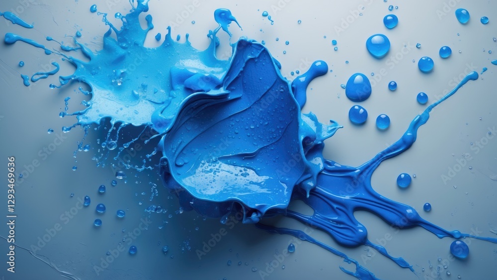 Poster vibrant blue watercolor splash with droplets showcasing an artistic and dynamic texture on a smooth 
