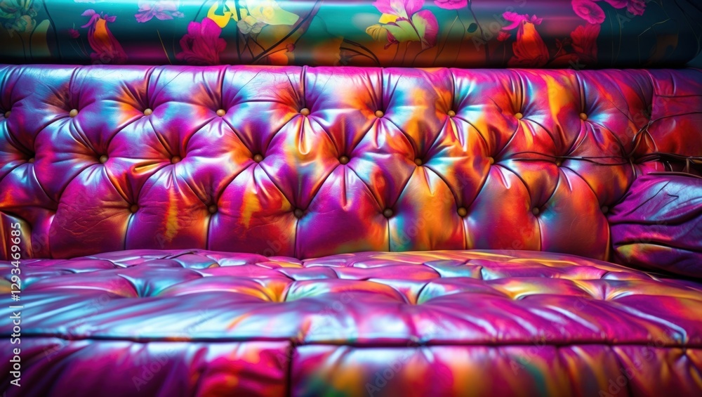Poster vibrant artificial leather sofa surface with colorful highlights and tufted design creating a modern