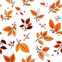 Autumn Leaves and Berries Seamless pattern with Vibrant Orange and Warm Brown on White Background for Seasonal Designs