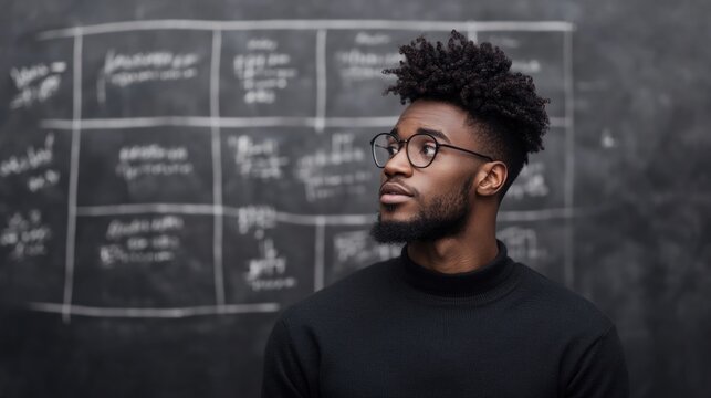 Thoughtful man in black turtleneck gazes upward in front of chal