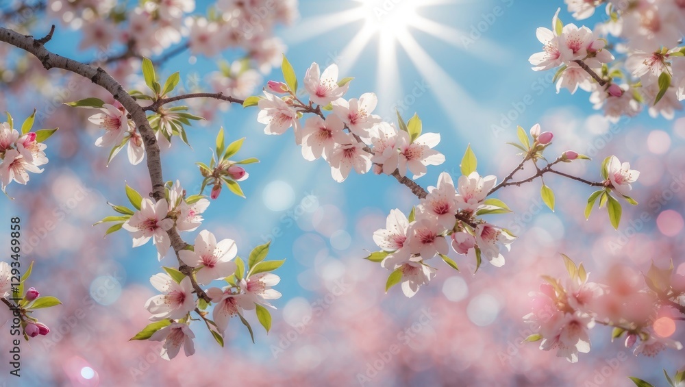 Poster blossoming cherry tree branches under sunlight with soft blue and pink background bokeh creating a s