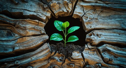 New plant emerging from cracked wood texture symbolizing resilience and nature's regeneration in a rustic environment