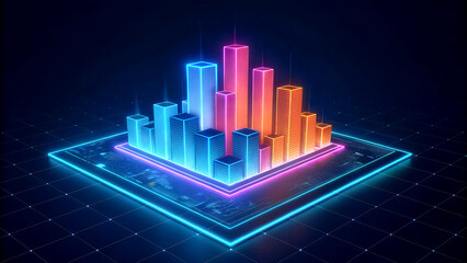 Fototapeta premium A glowing neon bar graph against a sleek, dark reflective surface, each bar steadily climbing, representing forward momentum in business or technology JPEG file download