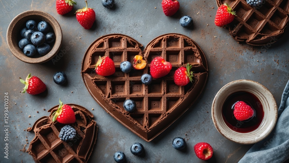 Poster breakfast table setting with heart-shaped chocolate waffles topped with berries rustic background li