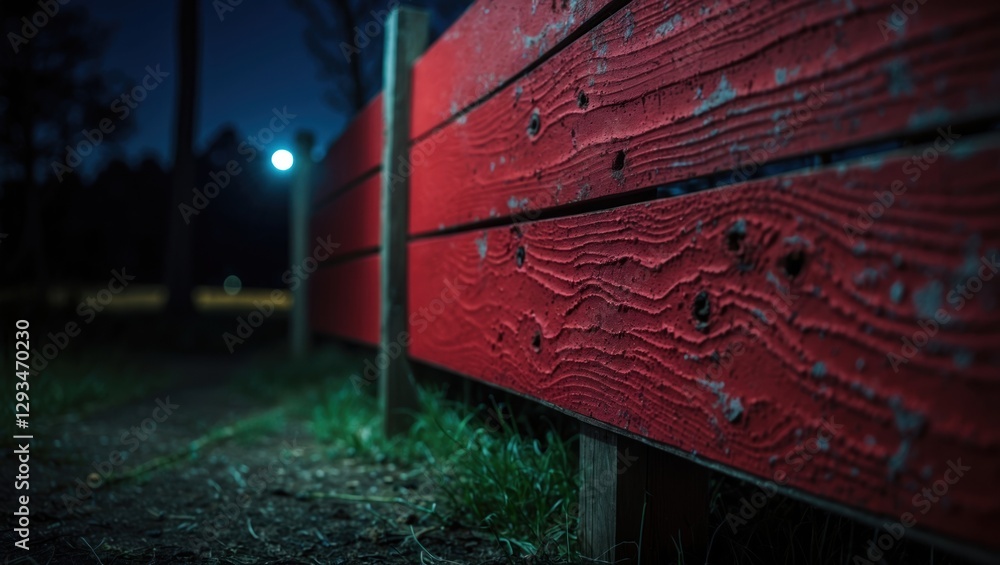 Aufkleber night scene of a rustic red wooden board with a textured surface illuminated by soft lighting and su