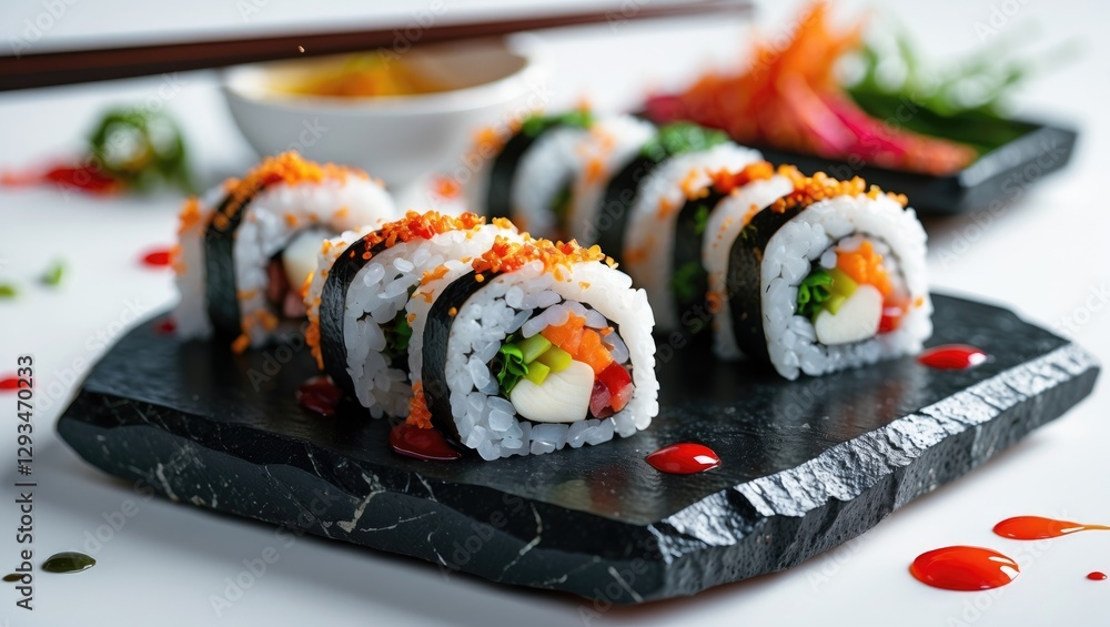 Poster vibrant sushi maki rolls on slate stone with colorful garnishes and empty space for text in a modern