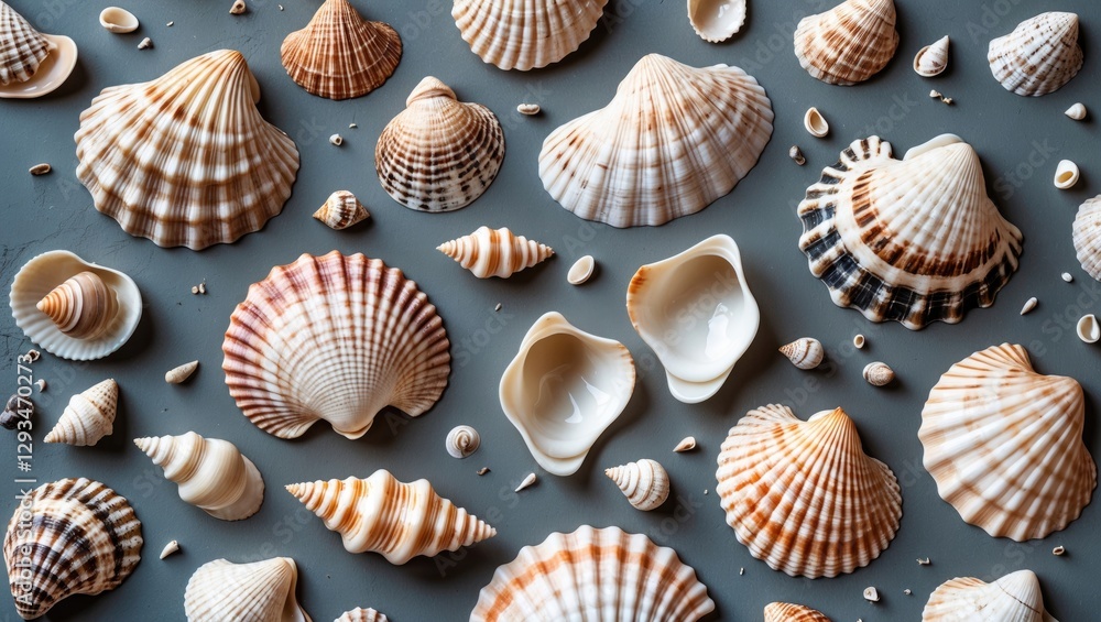 Poster seashell collection on natural background with copy space for text ideal for marine or beach themed 