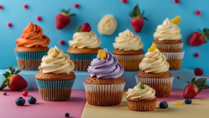 Delicious assortment of colorful cupcakes with vibrant frosting on a bright background garnished with fresh berries and decorative elements.