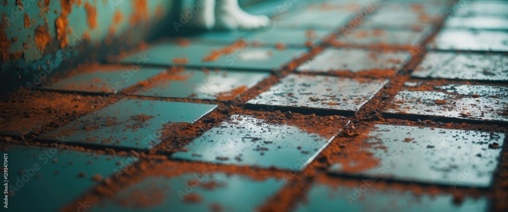 Poster dirty textured tiles on floor with rust and dust, creating an abandoned atmosphere in indoor environ