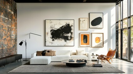 Modern living room featuring a curated gallery wall, sleek frames, art pieces in balanced composition, creating an inviting and sophisticated ambiance.