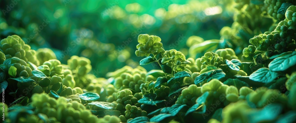 Poster lush green foliage texture with vibrant leaves and soft light creating a serene natural ambiance in 