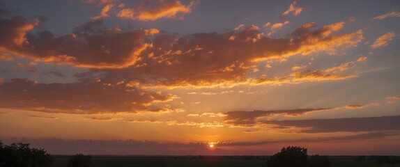Obraz premium Golden Sunset Over Horizon with Vibrant Clouds and Twilight Sky Creating a Serene Evening Nature Atmosphere Ideal for Scenic Backgrounds