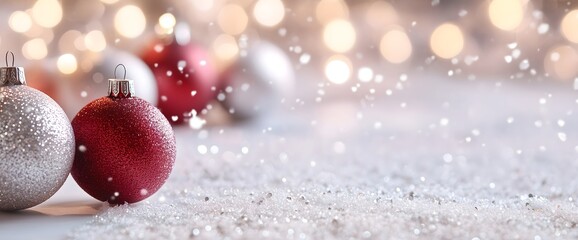 Silver and red Christmas ornaments resting on snowy surface with dreamy bokeh background. Winter Christmas cards, seasonal events. Christmas markets, New Year, winter festivals. Horizontal banner