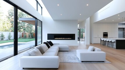 Fototapeta premium Modern living room featuring a striking fireplace as the centerpiece, exuding warmth and character, designed for comfort and style in an inviting atmosphere