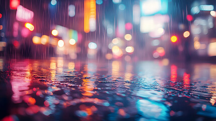 Fototapeta premium Cinematic rain-soaked cityscape neon reflections urban landscape nighttime ambiance close-up vivid atmosphere