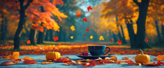 Autumn scene with colorful leaves, coffee cup, and pumpkins on a rustic table, ideal for product placement or seasonal promotions.