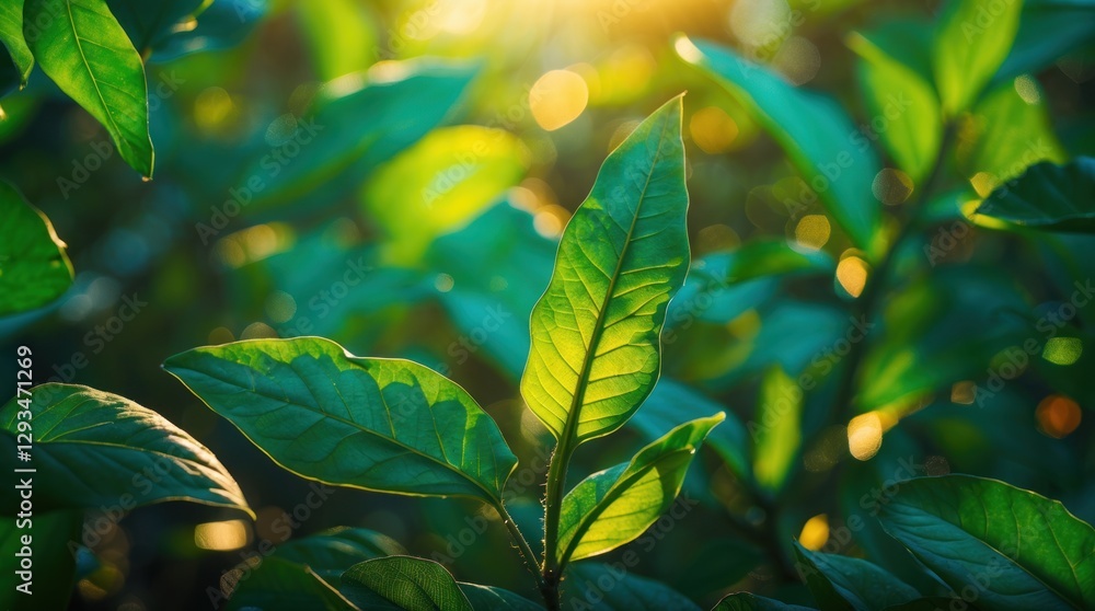 Aufkleber lush green leaf texture illuminated by soft backlight creating a serene natural background.