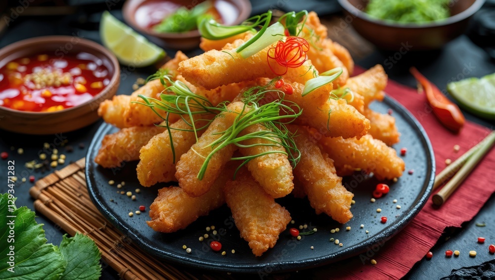 Poster crispy tempura with fresh garnish and dipping sauce on black plate featuring empty space for text ov