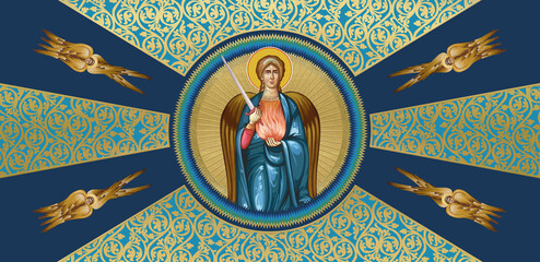 Archangel Uriel. Religious decorative dome with seraphim. Illustration in Byzantine style