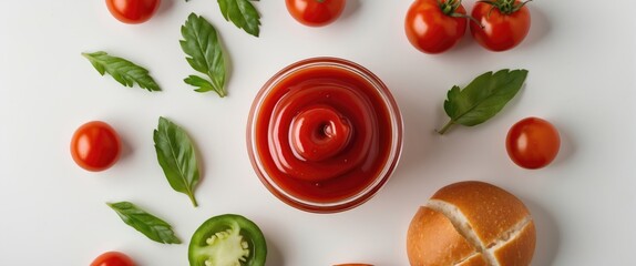 Naklejka premium Ketchup in a glass bowl surrounded by fresh tomatoes, basil leaves, and a sliced bun on a white background, perfect for food photography.